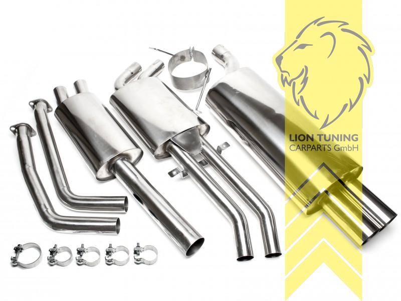 2 x 76mm scharf, Endrohr doppel, 76mm, Rund, nicht passend für M3, Compact, Diesel, Allrad, Nur passend für Motorcode M52, Edelstahl, nur passend für 6 Zylinder 320 110KW / 323i 125KW / 328i 142KW, Eintragungsfrei / mit ABE