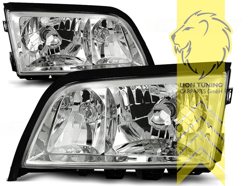 Halogen, chrom, mit Nebelscheinwerfer, Abblendlicht und Fernlicht H4 / Nebelscheinwerfer H3, elektrisch verstellbar - Stellmotor wird vom Original übernommen, Eintragungsfrei / mit E-Prüfzeichen