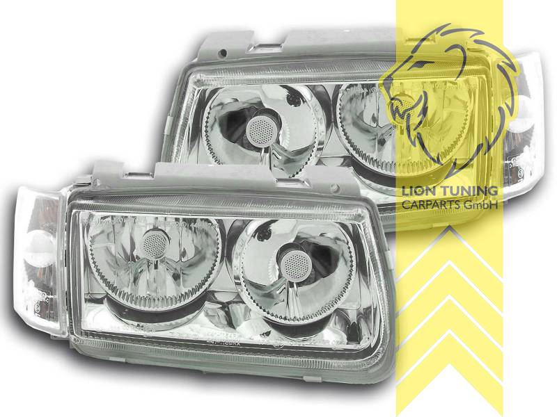 Halogen, chrom, Abblendlicht H7 / Fernlicht H7, Blinkerbirnen BAU15S, manuell verstellbar, Eintragungsfrei / mit E-Prüfzeichen