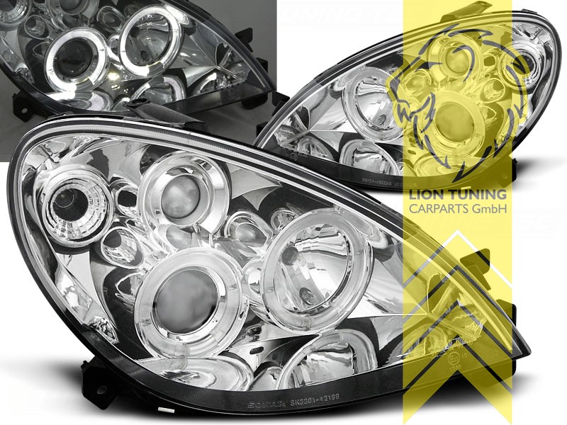 Halogen, chrom, weiß LED, mit integriertem Nebelscheinwerfer, Abblendlicht H1 / Fernlicht H1 / Nebelscheinwerfer H3, Blinkerbirnen BAU15S, elektrisch verstellbar - Stellmotor integriert, Eintragungsfrei / mit E-Prüfzeichen