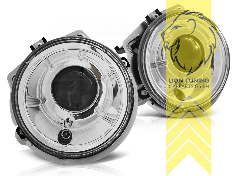 Halogen, chrom, Abblendlicht und Fernlicht in einer Linse H7, elektrisch verstellbar - Stellmotor wird vom Original übernommen, Eintragungsfrei / mit E-Prüfzeichen