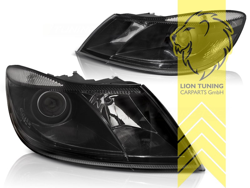 Halogen, schwarz, Blinkerbirnen BAU15S, Abblendlicht H7 / Fernlicht H1 / Tagfahrlicht P21W, elektrisch verstellbar - Stellmotor integriert, Eintragungsfrei / mit E-Prüfzeichen