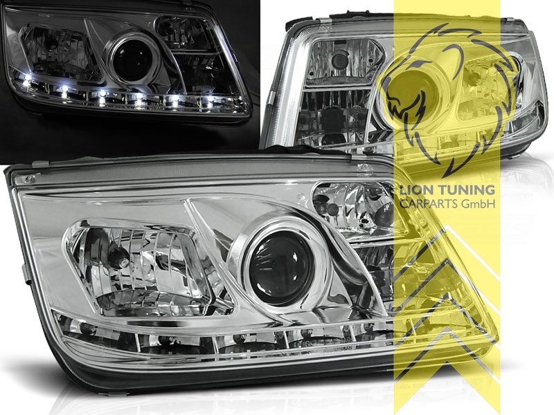 Liontuning - Tuningartikel für Ihr Auto  Lion Tuning Carparts GmbH  Scheinwerfer echtes TFL VW Bora Limousine Variant LED Tagfahrlicht chrom