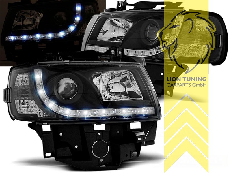 LED Tagfahrlicht Optik Scheinwerfer für VW T4 Bus Transporter schwarz
