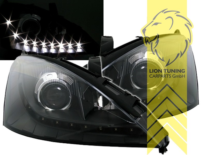 Halogen, schwarz, Abblendlicht und Fernlicht in einer Linse H7, Blinkerbirnen BAU15S, elektrisch verstellbar - Stellmotor wird vom Original übernommen, Eintragungsfrei / mit E-Prüfzeichen