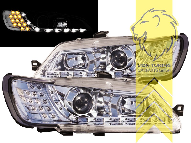 mit LED Blinker, Halogen, chrom, Abblendlicht H1 / Fernlicht H1, elektrisch verstellbar - Stellmotor wird vom Original übernommen, Eintragungsfrei / mit E-Prüfzeichen