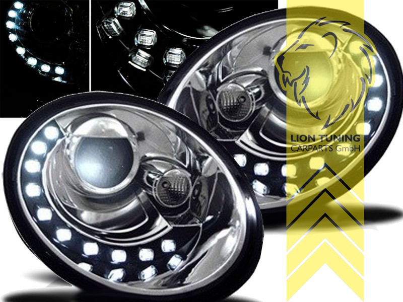 Halogen, chrom, Abblendlicht und Fernlicht in einer Linse H7, Blinkerbirnen BAU15S, elektrisch verstellbar - Stellmotor integriert, Eintragungsfrei / mit E-Prüfzeichen