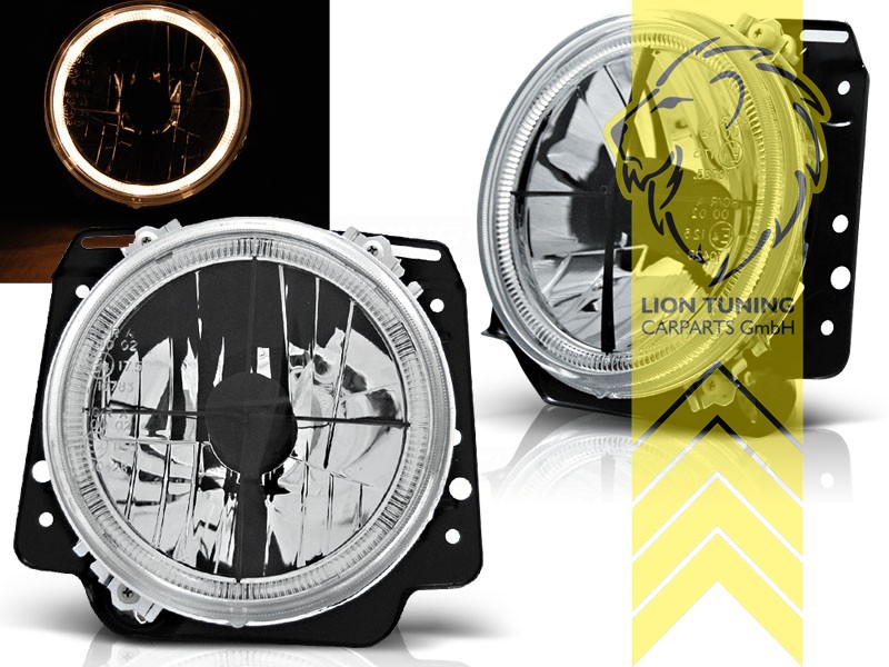 Halogen, schwarz, gelb Halogen, Abblendlicht und Fernlicht H4, elektrisch verstellbar - Stellmotor wird vom Original übernommen, Eintragungsfrei / mit E-Prüfzeichen