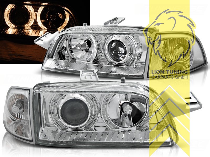 Halogen, chrom, gelb Halogen, Abblendlicht H7 / Fernlicht H7, Blinkerbirnen BAU15S, elektrisch verstellbar - Stellmotor wird vom Original übernommen, Eintragungsfrei / mit E-Prüfzeichen