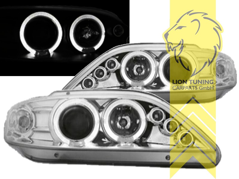 Halogen, chrom, weiß LED, Abblendlicht H1 / Fernlicht H1, Blinkerbirnen BAU15S, elektrisch verstellbar - Stellmotor wird vom Original übernommen, Eintragungsfrei / mit E-Prüfzeichen