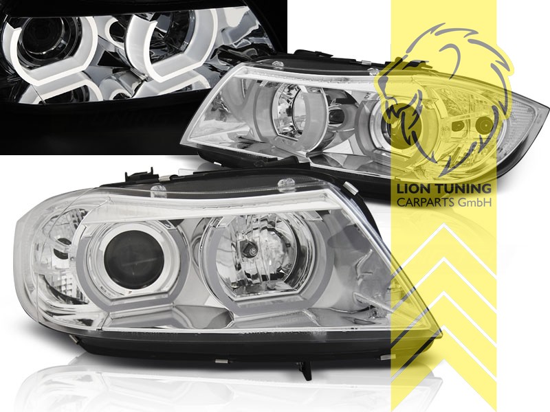 Halogen, chrom, weiß LED, Abblendlicht H7 / Fernlicht H1, elektrisch verstellbar - Stellmotor wird vom Original übernommen, Eintragungsfrei / mit E-Prüfzeichen