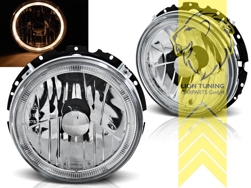 Halogen, chrom, gelb Halogen, Abblendlicht und Fernlicht H4, manuell verstellbar, Eintragungsfrei / mit E-Prüfzeichen