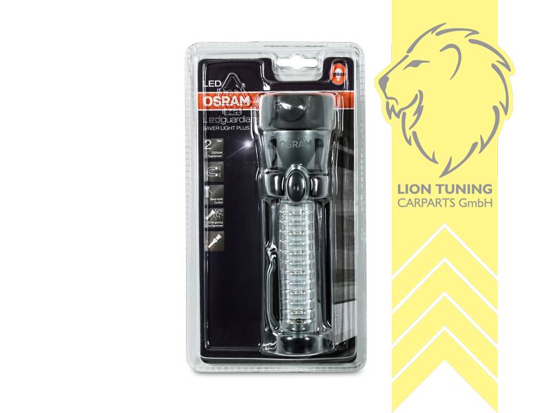 Liontuning - Tuningartikel für Ihr Auto  Lion Tuning Carparts GmbH OSRAM  LEDguardian SAVER LIGHT Plus, LED-Sicherheitsleuchte mit eingebautem  Notfall-Hammer und Gurtschneider, Taschenlampe mit 12 langlebigen LEDs als  Warnlicht-Funktion im Haltegriff