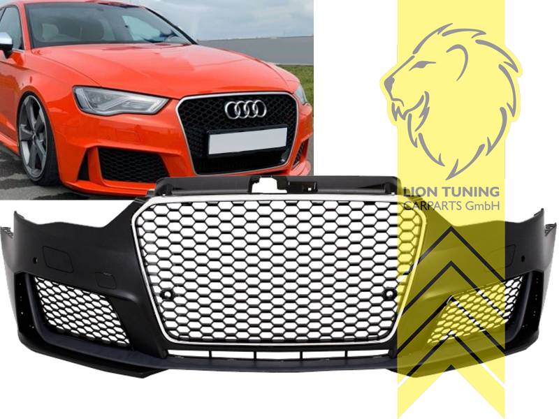 Liontuning - Tuningartikel für Ihr Auto  Lion Tuning Carparts GmbH  Frontstoßstange Frontschürze Audi A3 8V RS Optik mit Grill chrom schwarz  für PDC
