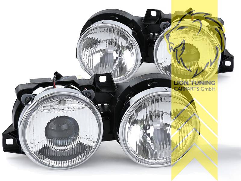 Halogen, chrom, Abblendlicht H1 / Fernlicht H1, elektrisch verstellbar - Stellmotor wird vom Original übernommen, Eintragungsfrei / mit E-Prüfzeichen