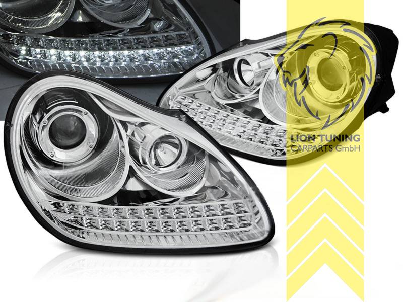 Xenon, HID, mit LED Blinker, chrom, LED Standlicht + LED Blinker, Abblendlicht D1S / Fernlicht H1, elektrisch verstellbar - Stellmotor wird vom Original übernommen, Eintragungsfrei / mit E-Prüfzeichen