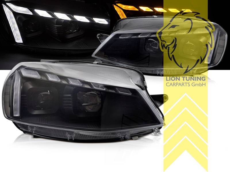 dynamischer LED Blinker, Halogen, schwarz, nur passend für Fahrzeuge mit original Halogen Scheinwerfern, mit Welcome Funktion, Abblendlicht H7 / Fernlicht H7, elektrisch verstellbar - Stellmotor integriert, Eintragungsfrei / mit E-Prüfzeichen, Eintragungsfrei / mit R87 Zulassung als Tagfahrlicht