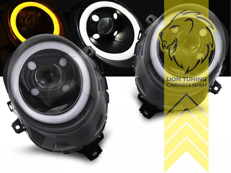 LED, dynamischer LED Blinker, schwarz glänzend, nur passend für Fahrzeuge mit original Halogen Scheinwerfern, LED Abblendlicht / LED Fernlicht, elektrisch verstellbar - Stellmotor integriert, Eintragungsfrei / mit E-Prüfzeichen, Eintragungsfrei / mit R87 Zulassung als Tagfahrlicht