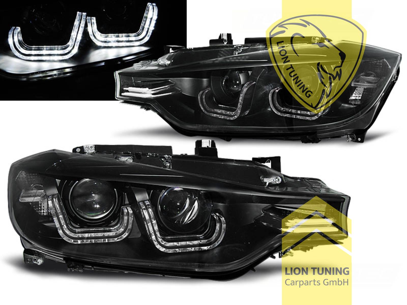 Xenon, HID, schwarz, weiß LED, Blinkerbirnen BAU15S, Abblendlicht und Fernlicht in einer Linse D1S, elektrisch verstellbar - Stellmotor integriert, Eintragungsfrei / mit E-Prüfzeichen, Eintragungsfrei / mit R87 Zulassung als Tagfahrlicht