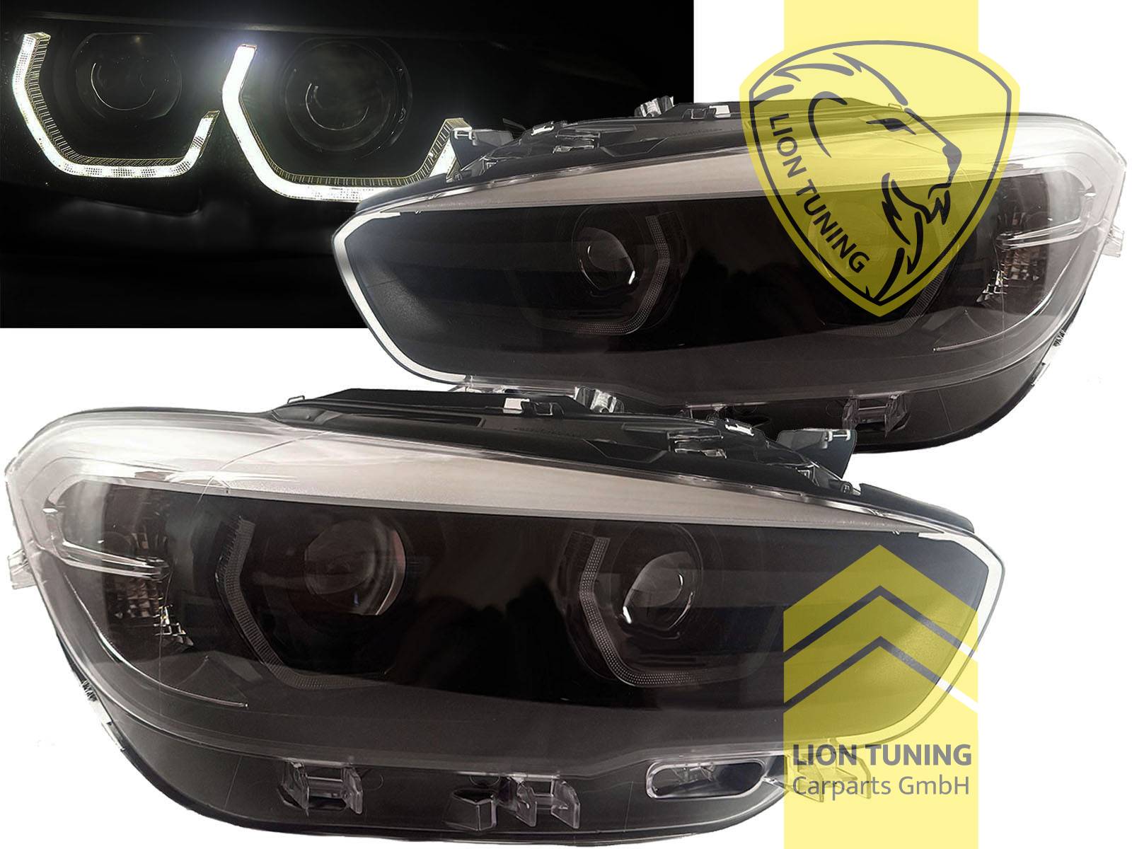 mit LED Blinker, LED, schwarz, weiß LED, nur passend für Fahrzeuge mit original Halogen Scheinwerfern, LED Abblendlicht / LED Fernlicht, elektrisch verstellbar - Stellmotor integriert, Eintragungsfrei / mit E-Prüfzeichen