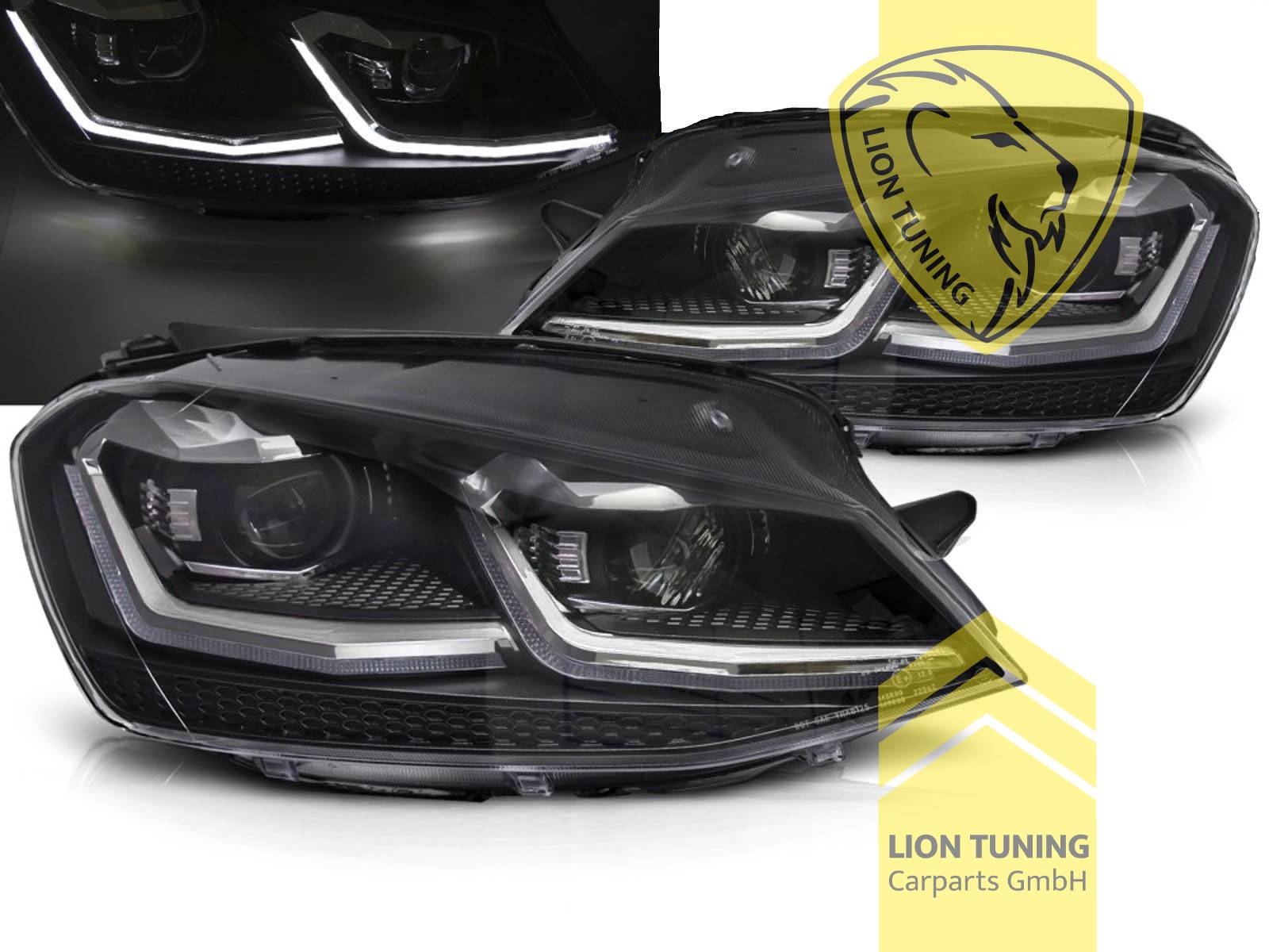 mit LED Blinker, Halogen, schwarz, mit chrom Leiste, Abblendlicht H7 / Fernlicht H7, elektrisch verstellbar - Stellmotor integriert, Eintragungsfrei / mit E-Prüfzeichen, Eintragungsfrei / mit R87 Zulassung als Tagfahrlicht