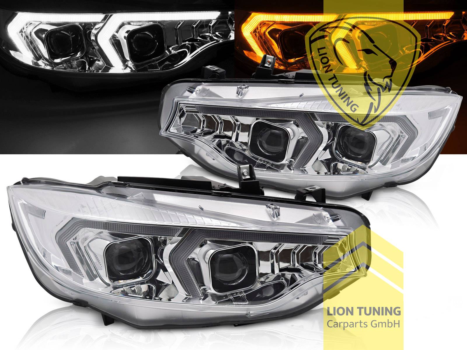 LED, mit LED Blinker, chrom, nur passend für Fahrzeuge mit original Halogen Scheinwerfern, LED Abblendlicht / LED Fernlicht, elektrisch verstellbar - Stellmotor integriert, Eintragungsfrei / mit E-Prüfzeichen, Eintragungsfrei / mit R87 Zulassung als Tagfahrlicht
