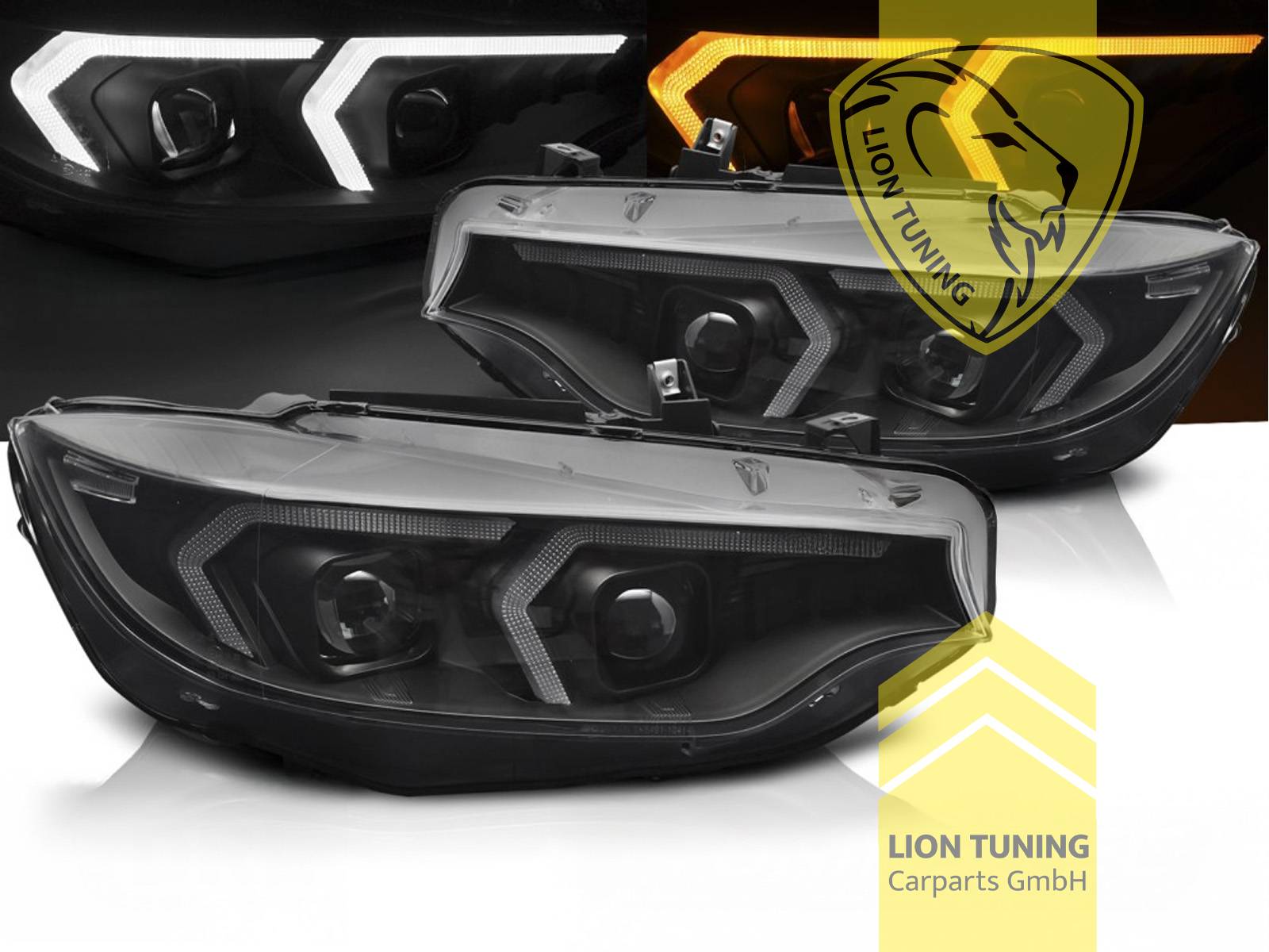 LED, mit LED Blinker, schwarz, nur passend für Fahrzeuge mit original XENON Scheinwerfern, LED Abblendlicht / LED Fernlicht, elektrisch verstellbar - Stellmotor integriert, Eintragungsfrei / mit E-Prüfzeichen, Eintragungsfrei / mit R87 Zulassung als Tagfahrlicht
