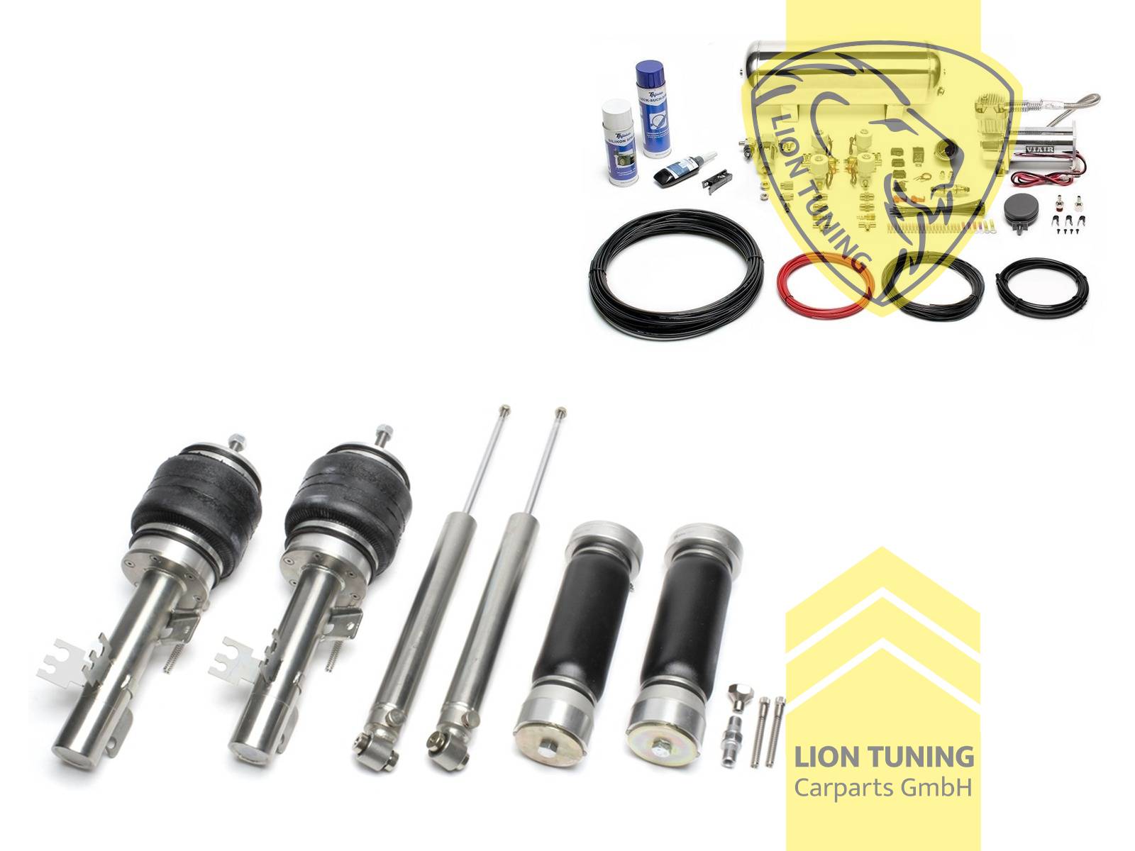11,5L Tank chrom / ViAir Kompressor chrom, Zug- und Druckstufe gleichzeitig einstellbar, weiss, nicht passend für Quattro, Wir empfehlen die Verwendung kürzerer Koppelstangen, Stahl verzinkt, Eintragungspflichtig / Teilegutachten wird nach Kauf spezifisch ausgestellt
