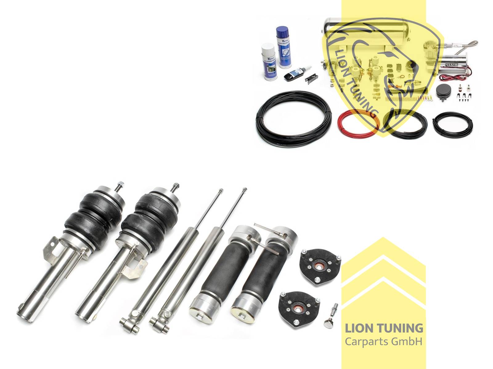 Nur für Fahrzeuge mit Mehrlenker-Hinterachse (Einzelradaufhängung)., 11,5L Tank chrom / ViAir Kompressor chrom, Zug- und Druckstufe gleichzeitig einstellbar, weiss, Wir empfehlen die Verwendung kürzerer Koppelstangen, Für Fahrzeuge mit einem Federbeinklemmdurchmesser an der Vorderachse von 50mm oder 55mm ( Adapterhülse liegt bei ), auch für Allrad Modelle, Stahl verzinkt, Eintragungspflichtig / Teilegutachten wird nach Kauf spezifisch ausgestellt