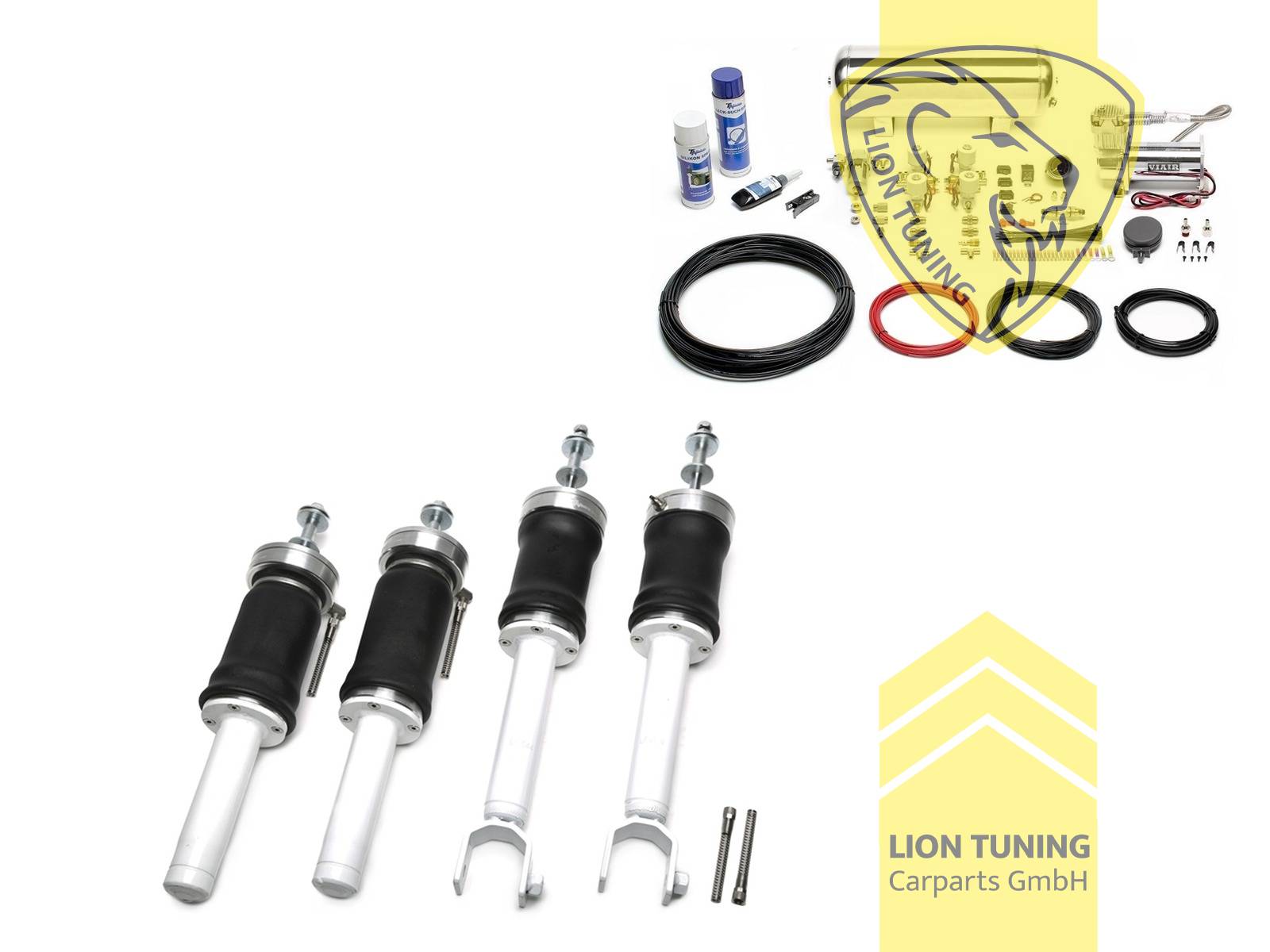 bei einigen Modellen sind zusätzliche Umbauarbeiten notwendig, da hier die Gabel des HA-Dämpfer sonst nicht über den unteren Querlenker paßt, 11,5L Tank chrom / ViAir Kompressor chrom, fest, weiss, EG und EH Modelle <br>Vorderachse: Anpassungsarbeiten für Bremsschlauch-Halter sind notwendig <br>Hinterachse: Abstandsmaß der Gabel beachten 52mm oder 46mm entsprechende Adapter sind im Lieferumfang beinhaltet, Stahl verzinkt, Eintragungspflichtig / Teilegutachten wird nach Kauf spezifisch ausgestellt