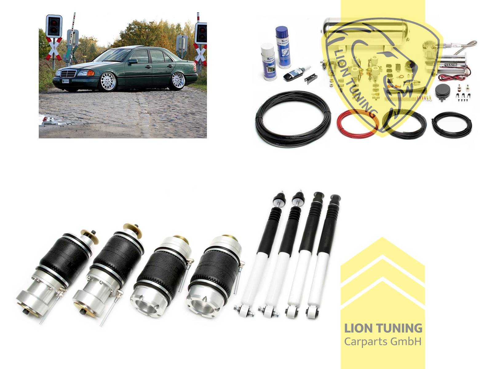 nicht für Modelle mit Niveauregulierung, 11,5L Tank chrom / ViAir Kompressor chrom, fest, weiss, nicht für AMG-Modelle, Stahl verzinkt, Eintragungspflichtig / Teilegutachten wird nach Kauf spezifisch ausgestellt