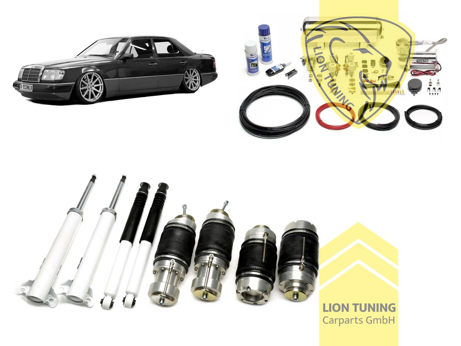 nicht für Modelle mit Niveauregulierung, 11,5L Tank chrom / ViAir Kompressor chrom, fest, weiss, nicht passend für 4-Matic, nicht für AMG-Modelle, Stahl verzinkt, Eintragungspflichtig / Teilegutachten wird nach Kauf spezifisch ausgestellt
