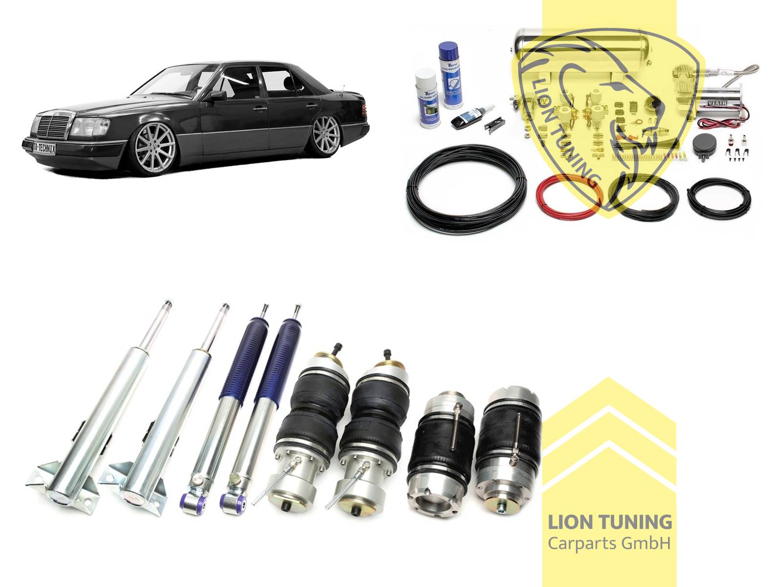 nicht für Modelle mit Niveauregulierung, 11,5L Tank chrom / ViAir Kompressor chrom, Zug- und Druckstufe gleichzeitig einstellbar, weiss, nicht passend für 4-Matic, nicht für AMG-Modelle, Stahl verzinkt, Eintragungspflichtig / Teilegutachten wird nach Kauf spezifisch ausgestellt