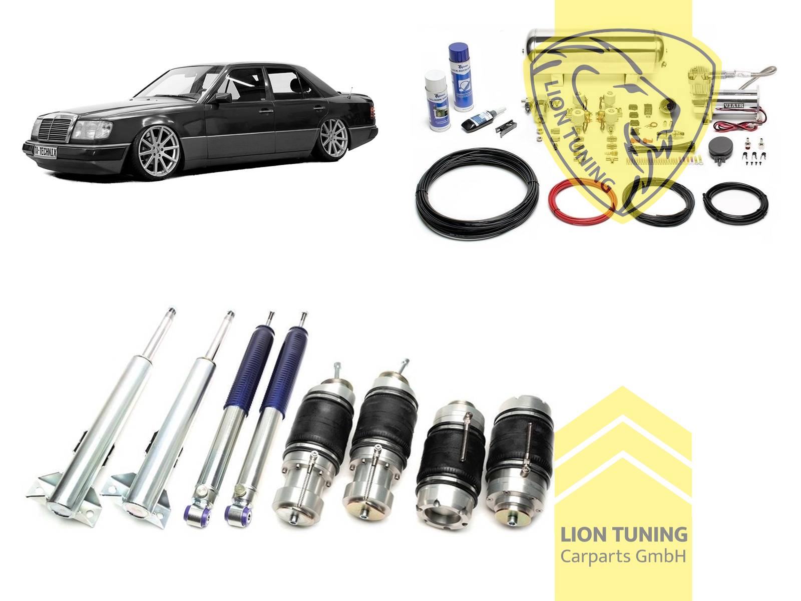 nicht für Modelle mit Niveauregulierung, 11,5L Tank chrom / ViAir Kompressor chrom, Zug- und Druckstufe gleichzeitig einstellbar, weiss, nicht passend für 4-Matic, nicht für AMG-Modelle, Stahl verzinkt, Eintragungspflichtig / Teilegutachten wird nach Kauf spezifisch ausgestellt