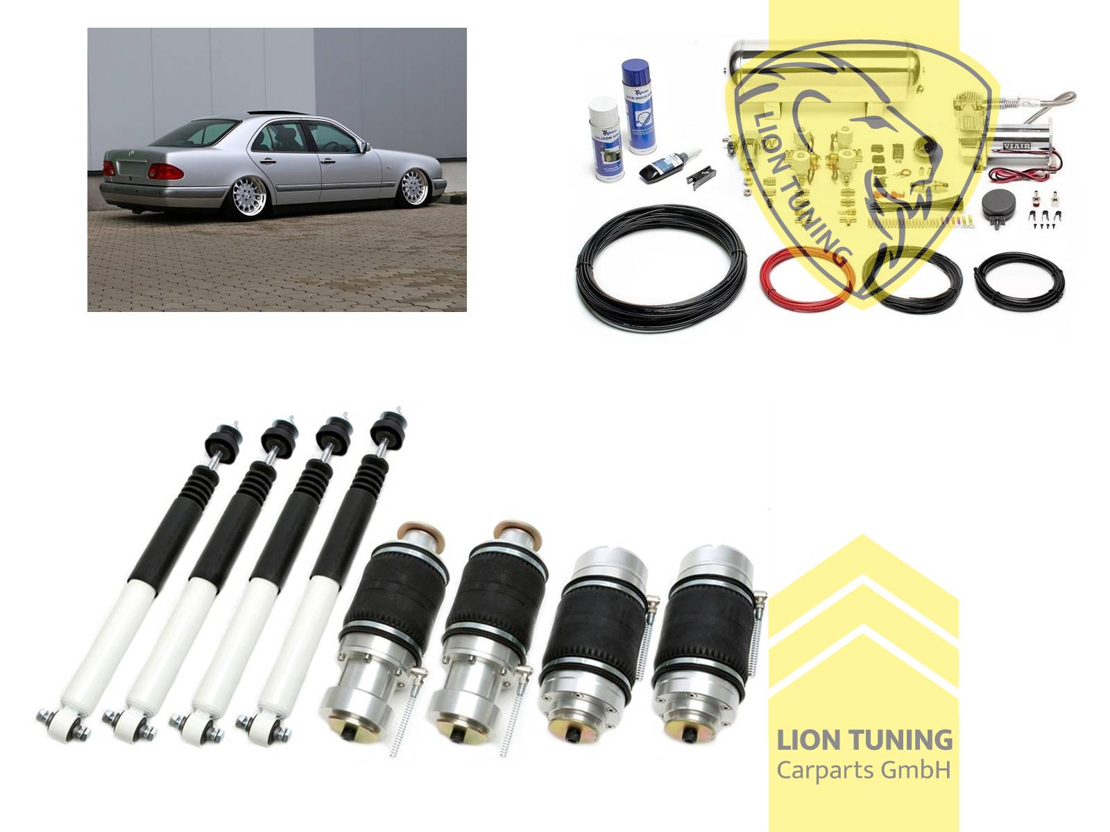 nicht für Modelle mit Niveauregulierung, 11,5L Tank chrom / ViAir Kompressor chrom, fest, weiss, nicht für AMG-Modelle, nicht passend für 4-Matic, Stahl verzinkt, Eintragungspflichtig / Teilegutachten wird nach Kauf spezifisch ausgestellt