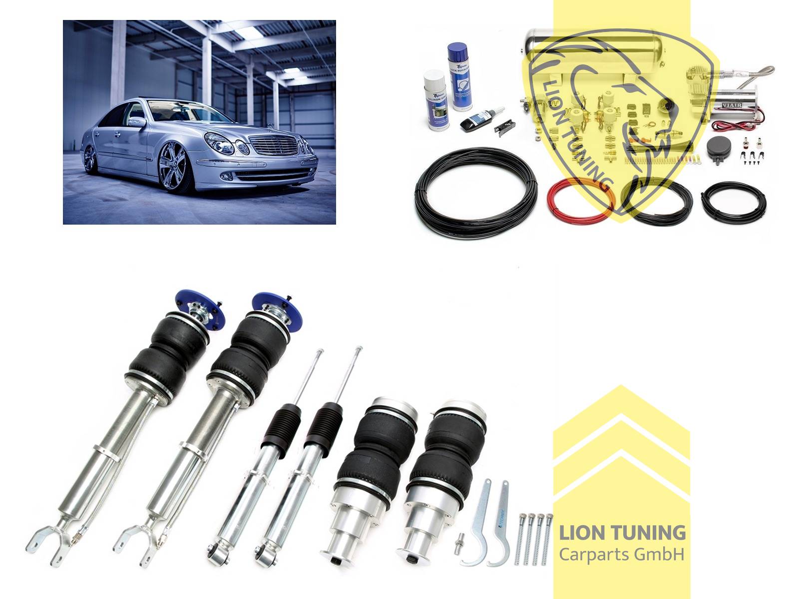 nicht für Modelle mit Niveauregulierung, 11,5L Tank chrom / ViAir Kompressor chrom, fest, weiss, nicht für AMG-Modelle, nicht passend für 4-Matic, Stahl verzinkt, Eintragungspflichtig / Teilegutachten wird nach Kauf spezifisch ausgestellt