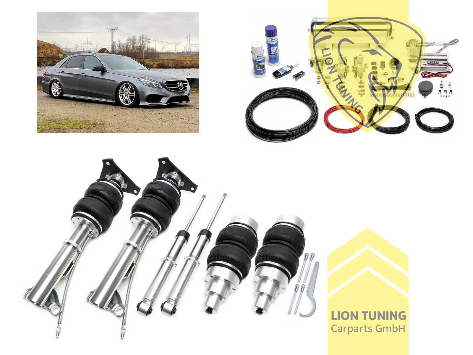 nicht für Modelle mit Niveauregulierung, 11,5L Tank chrom / ViAir Kompressor chrom, fest, weiss, nicht für AMG-Modelle, nicht passend für 4-Matic, Stahl verzinkt, Eintragungspflichtig / Teilegutachten wird nach Kauf spezifisch ausgestellt