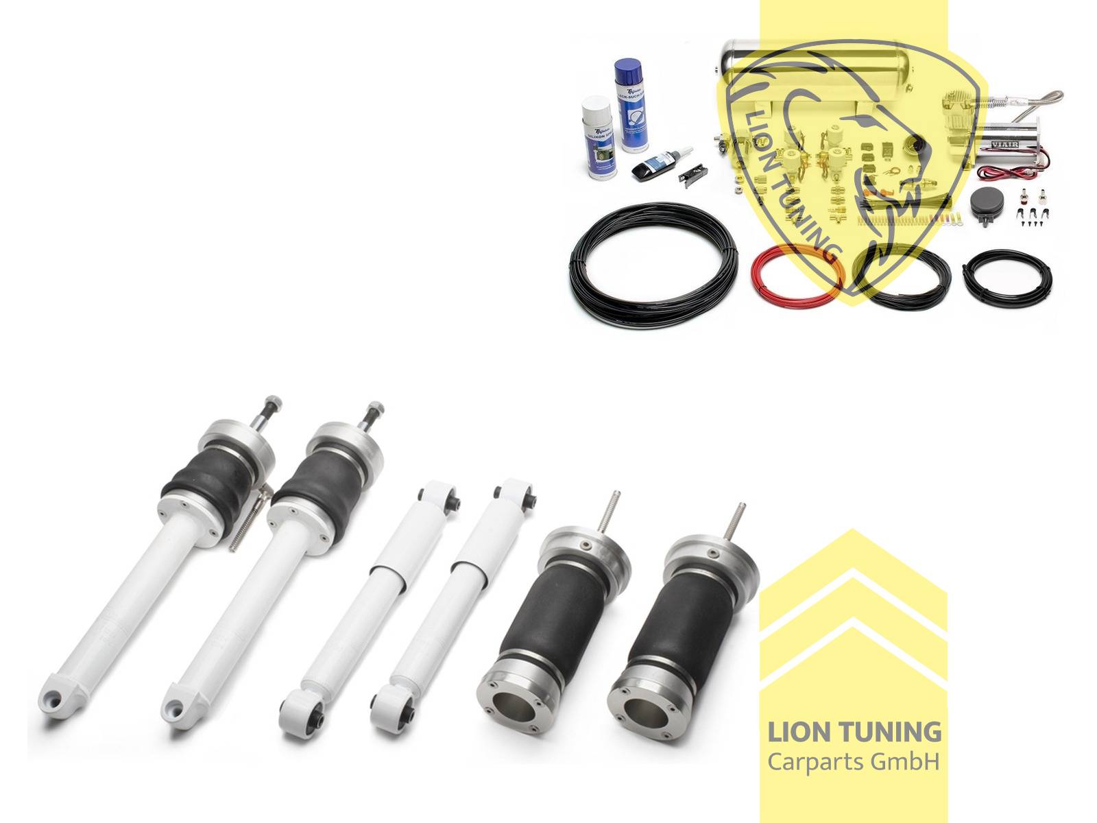nicht für Modelle mit VA = Blattfederung, 11,5L Tank chrom / ViAir Kompressor chrom, fest, weiss, Stahl verzinkt, Eintragungspflichtig / Teilegutachten wird nach Kauf spezifisch ausgestellt