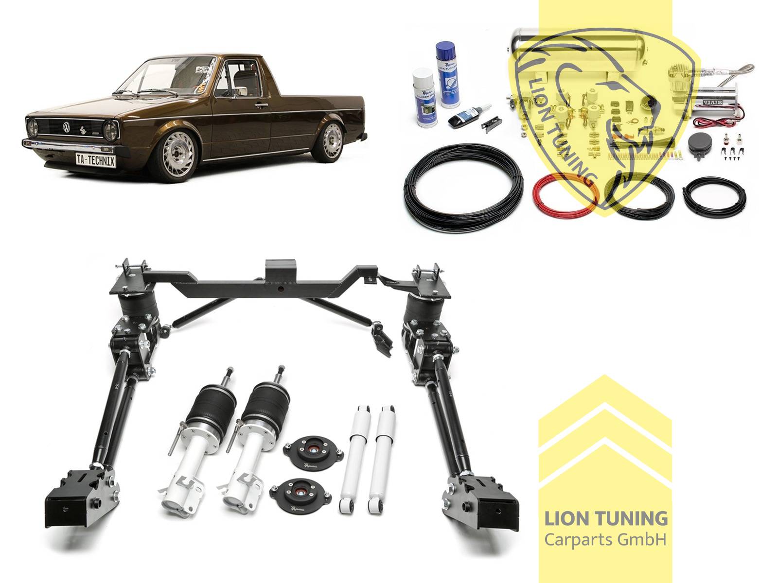nur passend bis Fahrgestellnummer 14-G-020 000, 11,5L Tank chrom / ViAir Kompressor chrom, fest, weiss, ohne lastabhängigen Bremskraft (ALB) Regler, Stahl verzinkt, Eintragungspflichtig / Teilegutachten wird nach Kauf spezifisch ausgestellt