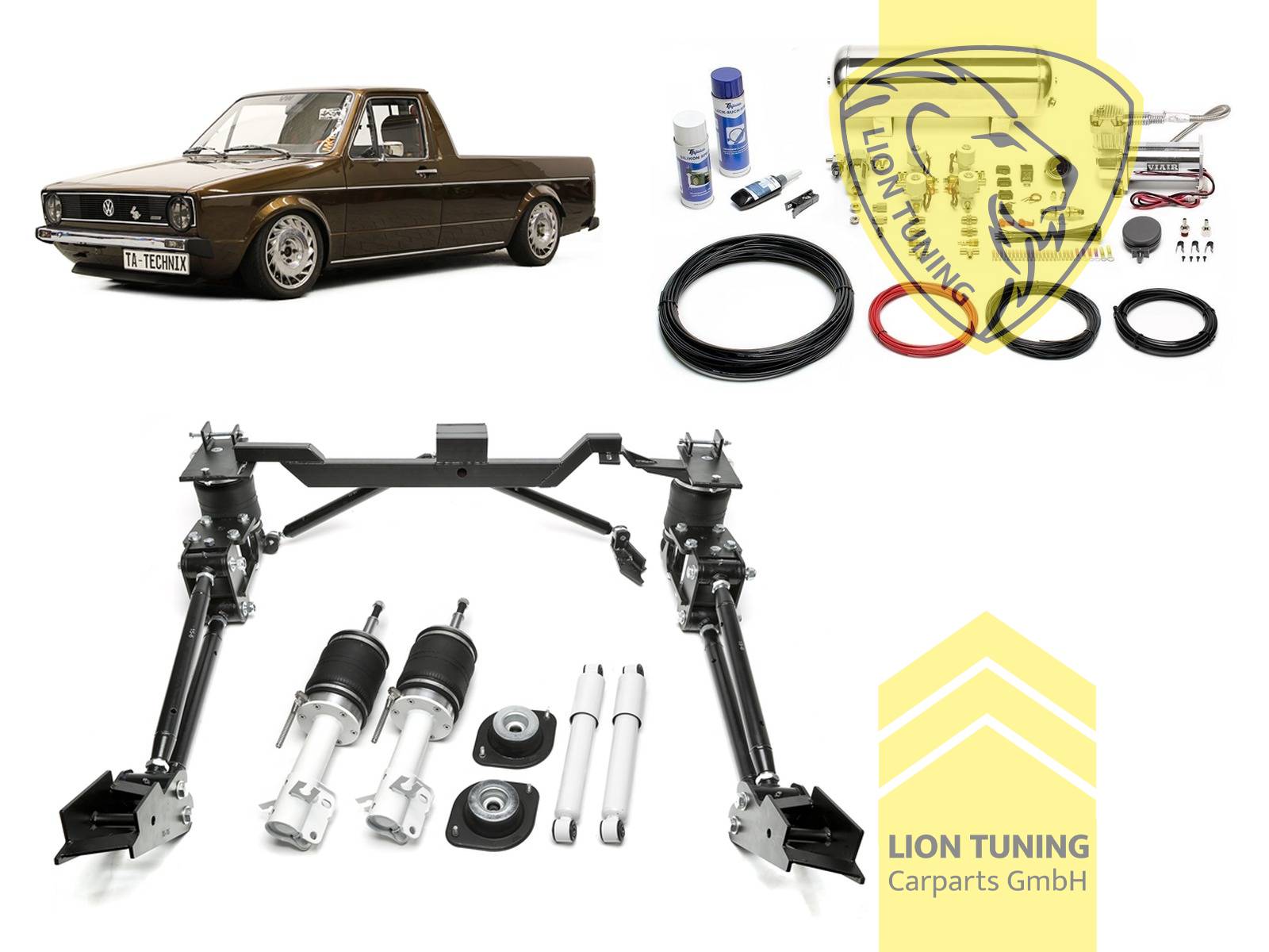 nur passend  ab Fahrgestellnummer 14-H-000 001, 11,5L Tank chrom / ViAir Kompressor chrom, fest, weiss, ohne lastabhängigen Bremskraft (ALB) Regler, Stahl verzinkt, Eintragungspflichtig / Teilegutachten wird nach Kauf spezifisch ausgestellt