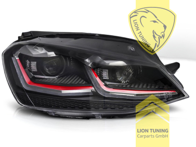 mit LED Blinker, Halogen, schwarz, mit roter Leiste, Abblendlicht H7 / Fernlicht H7, elektrisch verstellbar - Stellmotor integriert, Eintragungsfrei / mit E-Prüfzeichen, Eintragungsfrei / mit R87 Zulassung als Tagfahrlicht