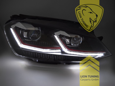 mit LED Blinker, Halogen, schwarz, mit roter Leiste, Abblendlicht H7 / Fernlicht H7, elektrisch verstellbar - Stellmotor integriert, Eintragungsfrei / mit E-Prüfzeichen, Eintragungsfrei / mit R87 Zulassung als Tagfahrlicht