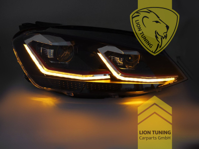 mit LED Blinker, Halogen, schwarz, mit roter Leiste, Abblendlicht H7 / Fernlicht H7, elektrisch verstellbar - Stellmotor integriert, Eintragungsfrei / mit E-Prüfzeichen, Eintragungsfrei / mit R87 Zulassung als Tagfahrlicht