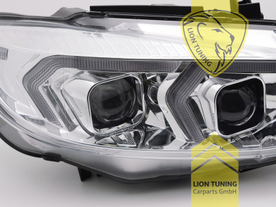 LED, mit LED Blinker, chrom, nur passend für Fahrzeuge mit original Halogen Scheinwerfern, LED Abblendlicht / LED Fernlicht, elektrisch verstellbar - Stellmotor integriert, Eintragungsfrei / mit E-Prüfzeichen, Eintragungsfrei / mit R87 Zulassung als Tagfahrlicht
