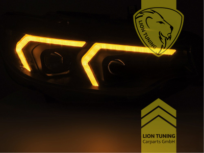 LED, mit LED Blinker, schwarz, nur passend für Fahrzeuge mit original XENON Scheinwerfern, LED Abblendlicht / LED Fernlicht, elektrisch verstellbar - Stellmotor integriert, Eintragungsfrei / mit E-Prüfzeichen, Eintragungsfrei / mit R87 Zulassung als Tagfahrlicht