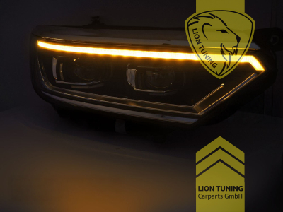 LED, mit LED Blinker, schwarz, nur passend für Fahrzeuge mit original Halogen Scheinwerfern, LED Abblendlicht / LED Fernlicht, elektrisch verstellbar - Stellmotor integriert, Eintragungsfrei / mit E-Prüfzeichen, Eintragungsfrei / mit R87 Zulassung als Tagfahrlicht