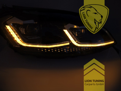 Halogen, LED, dynamischer LED Blinker, schwarz, mit chrom Leiste, Abblendlicht H7 / Fernlicht H7, zusätzlich LED Fernlicht, elektrisch verstellbar - Stellmotor integriert, Eintragungsfrei / mit E-Prüfzeichen, Eintragungsfrei / mit R87 Zulassung als Tagfahrlicht
